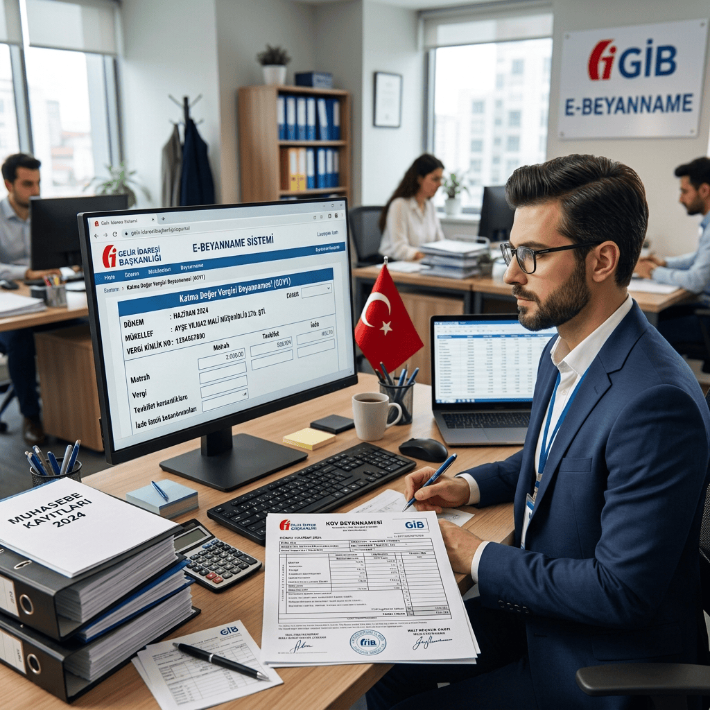 Tax professional reviewing Turkish e-declaration forms beside a computer