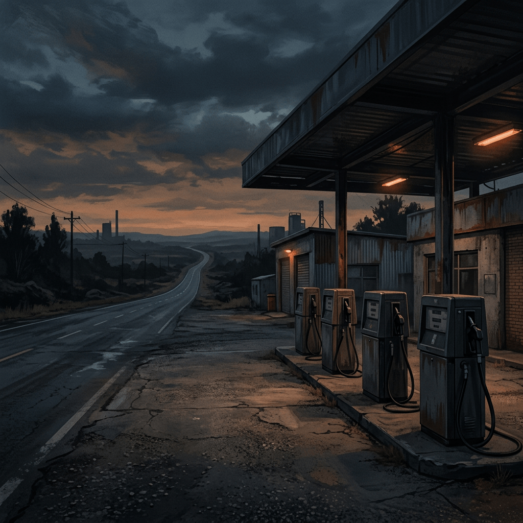 Empty rural gas station beside a winding road under storm clouds