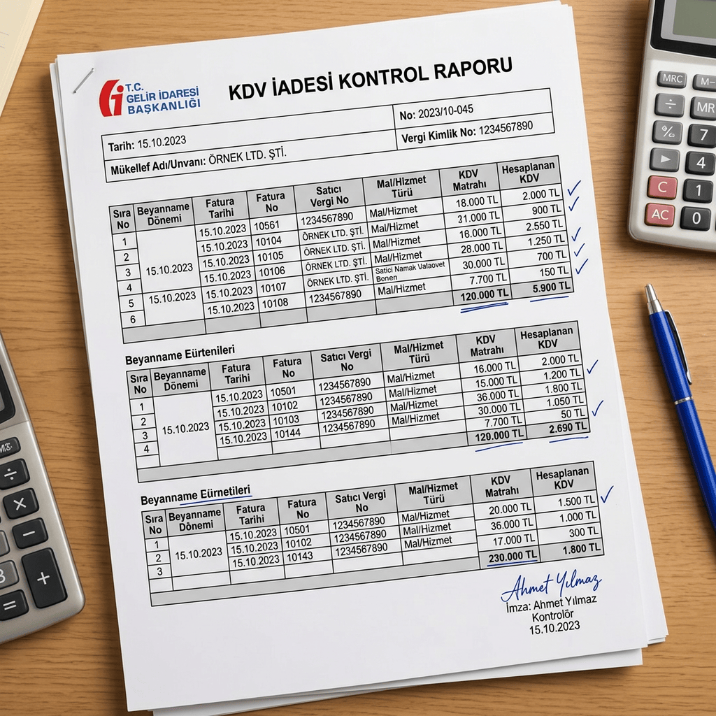 Turkish VAT refund control report with tables, calculations, and signature