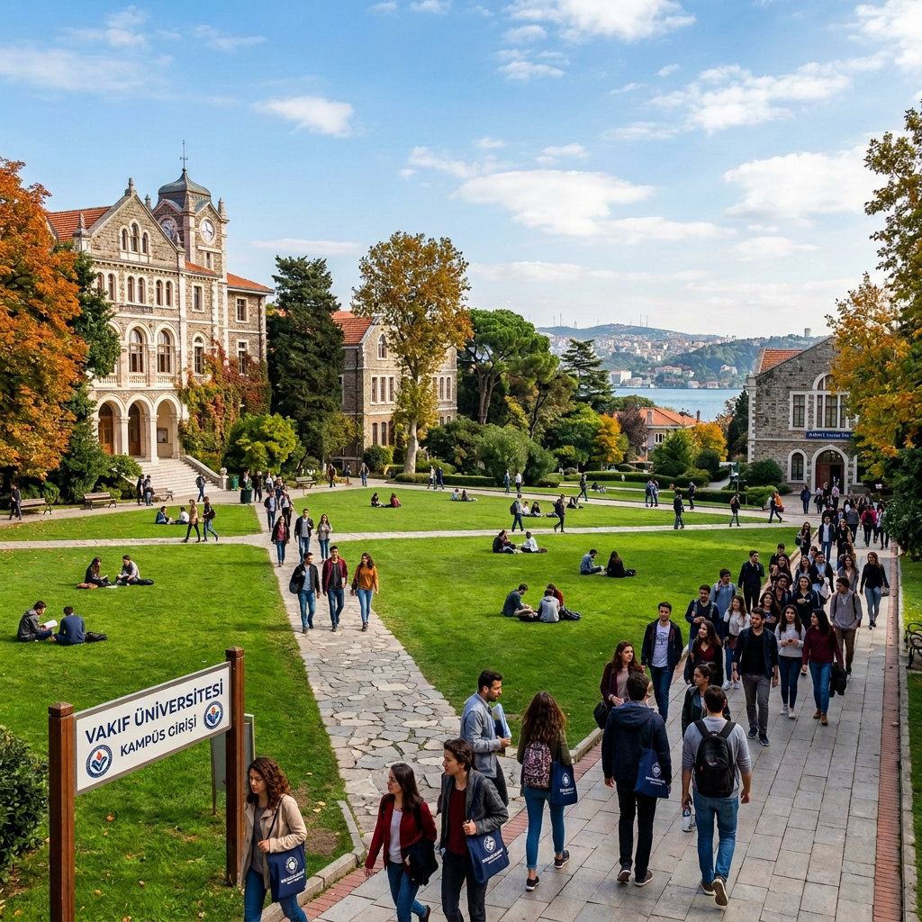 Students on Boğaziçi University campus overlooking the Bosphorus