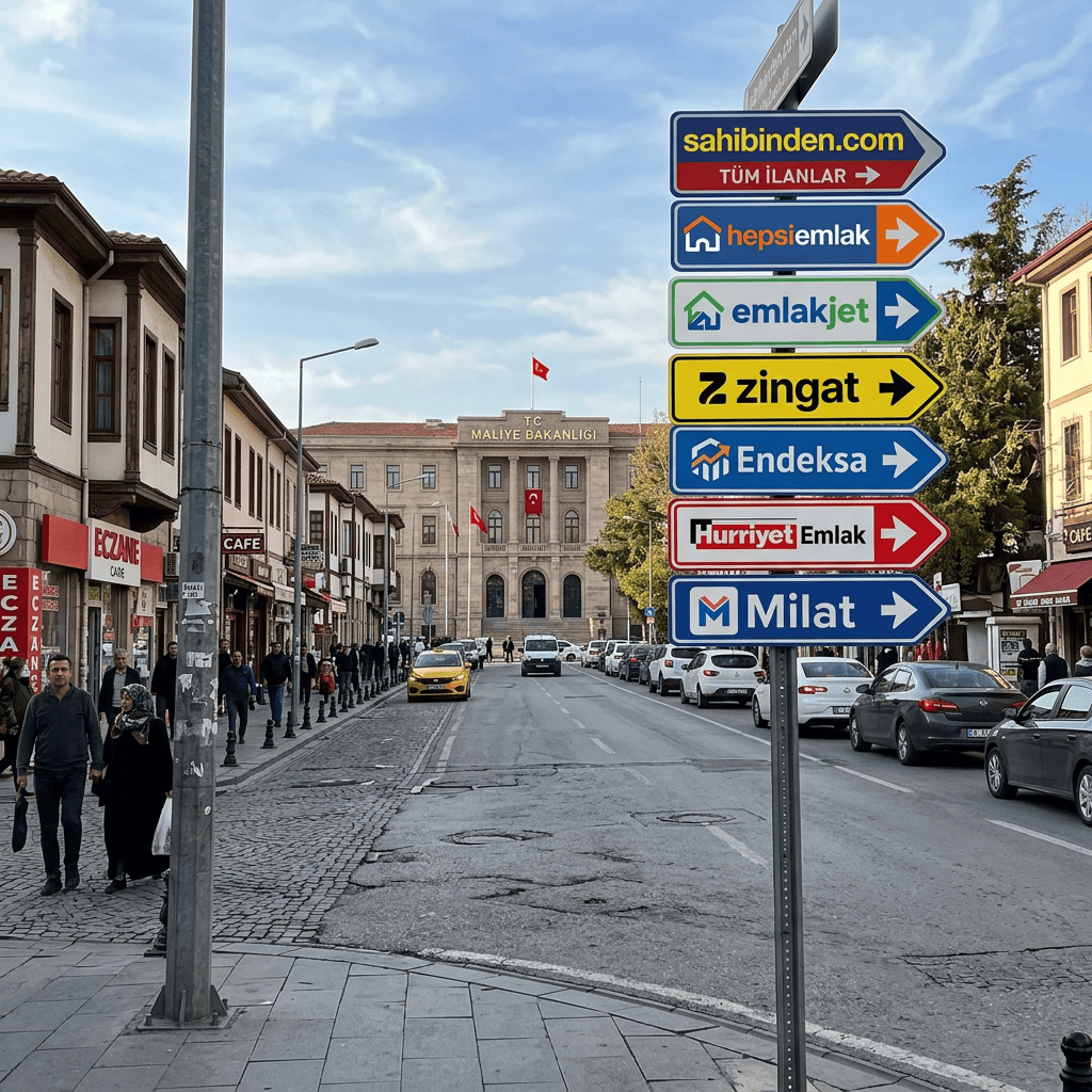 Street signs reading sahibinden.com, hepsiemlak, emlakjet, zingat, Endeksa, Hürriyet Emlak, and Milat beside the Turkish Ministry of Finance building